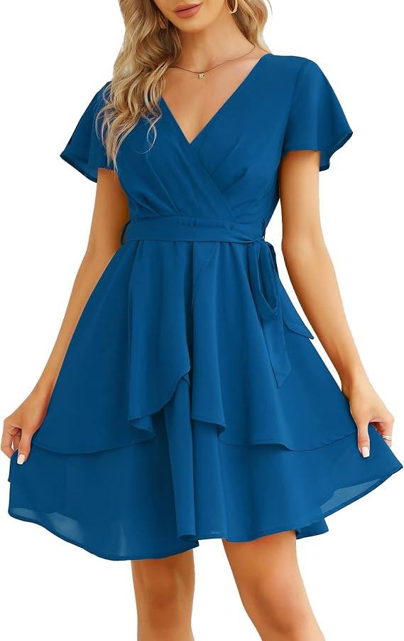 KOJOOIN Womens Skater Dresses Sexy V Neck Short Sleeve Tie Waist Solid Ruffle Boho Flowy Swing Mini  | Amazon (US)