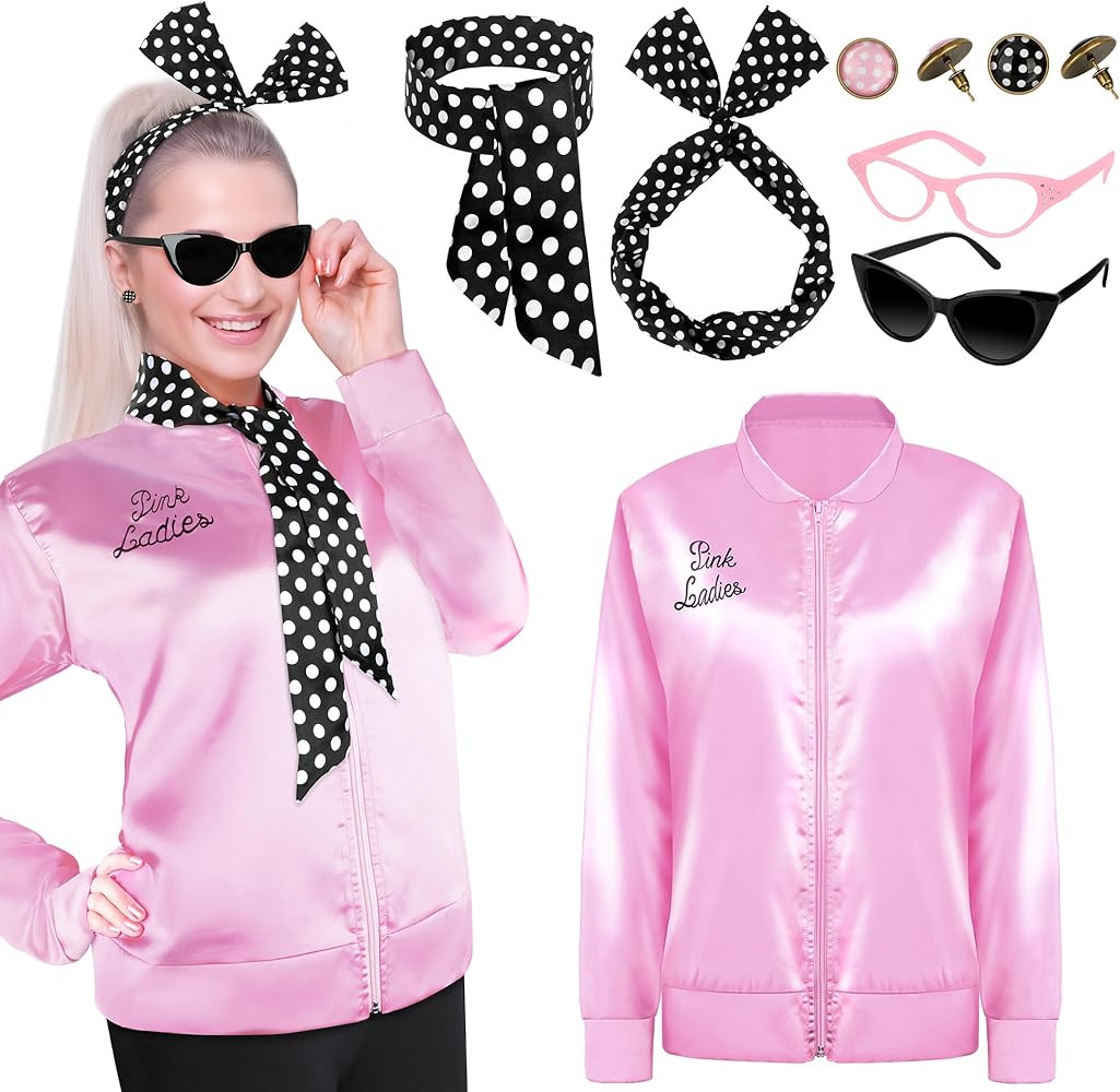 QZYL Pink Lady Costume, 1950s Pink Satin Jacket with Neck Scarf Headband Earrings Eye Glasses Cos... | Amazon (US)