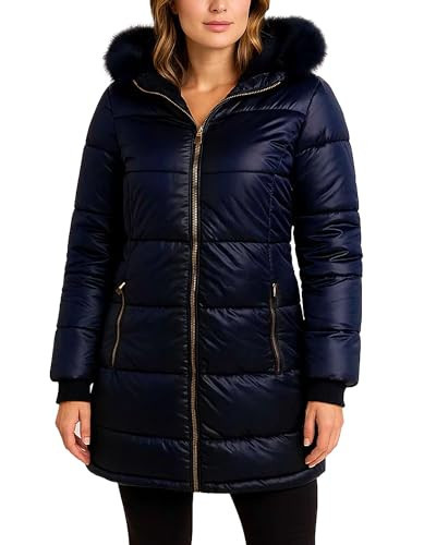 Jessica Simpson Womens Long Puffer Coat - Quilted Puffer Jacket with Faux Fur Hood - Insulated Winter Coats for Women, Size Medium, Navy Blue | Amazon (US)