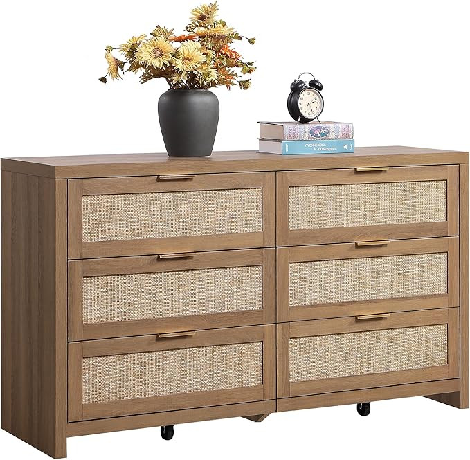 SICOTAS Rattan Dresser for Bedroom, 56.9" Wide 6 Drawer Dresser with Ample Storage, Dressers Larg... | Amazon (US)