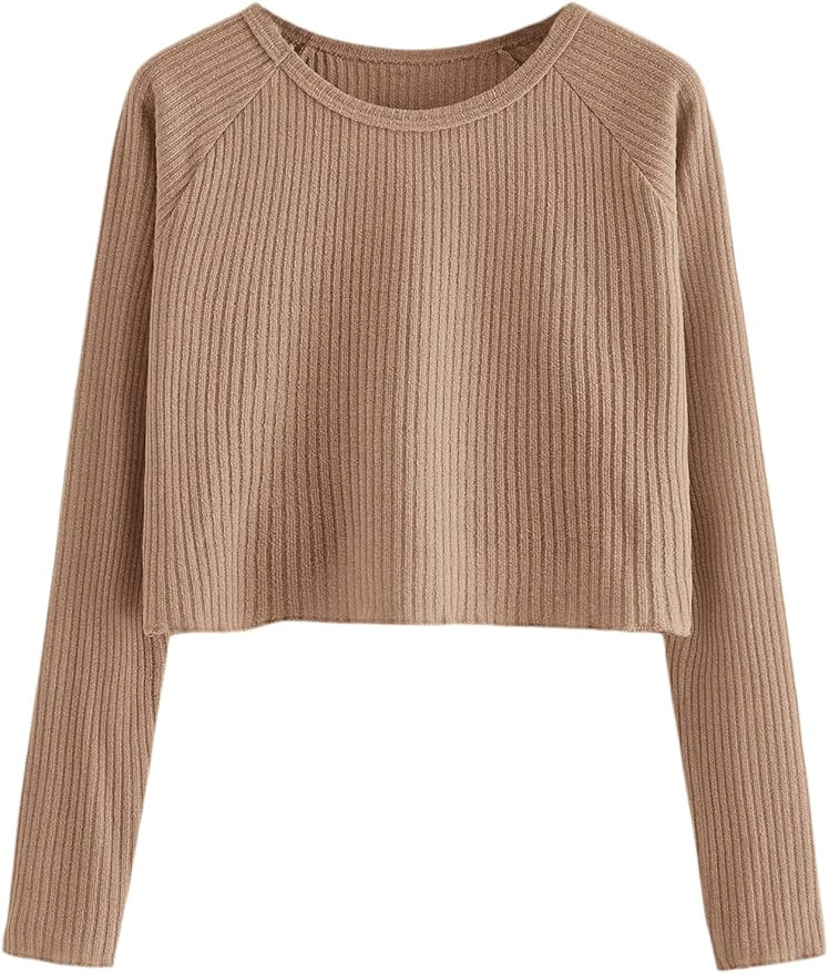 SweatyRocks Women's Casual Solid Ribbed Knit Raglan Long Sleeve Crop Top T Shirt | Amazon (US)