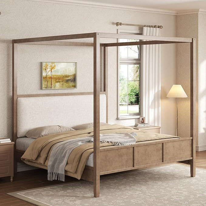 Amazon.com: Merax Queen Size Canopy Bed with Upholstered Headboard, Wooden Platform Bed Frame wit... | Amazon (US)