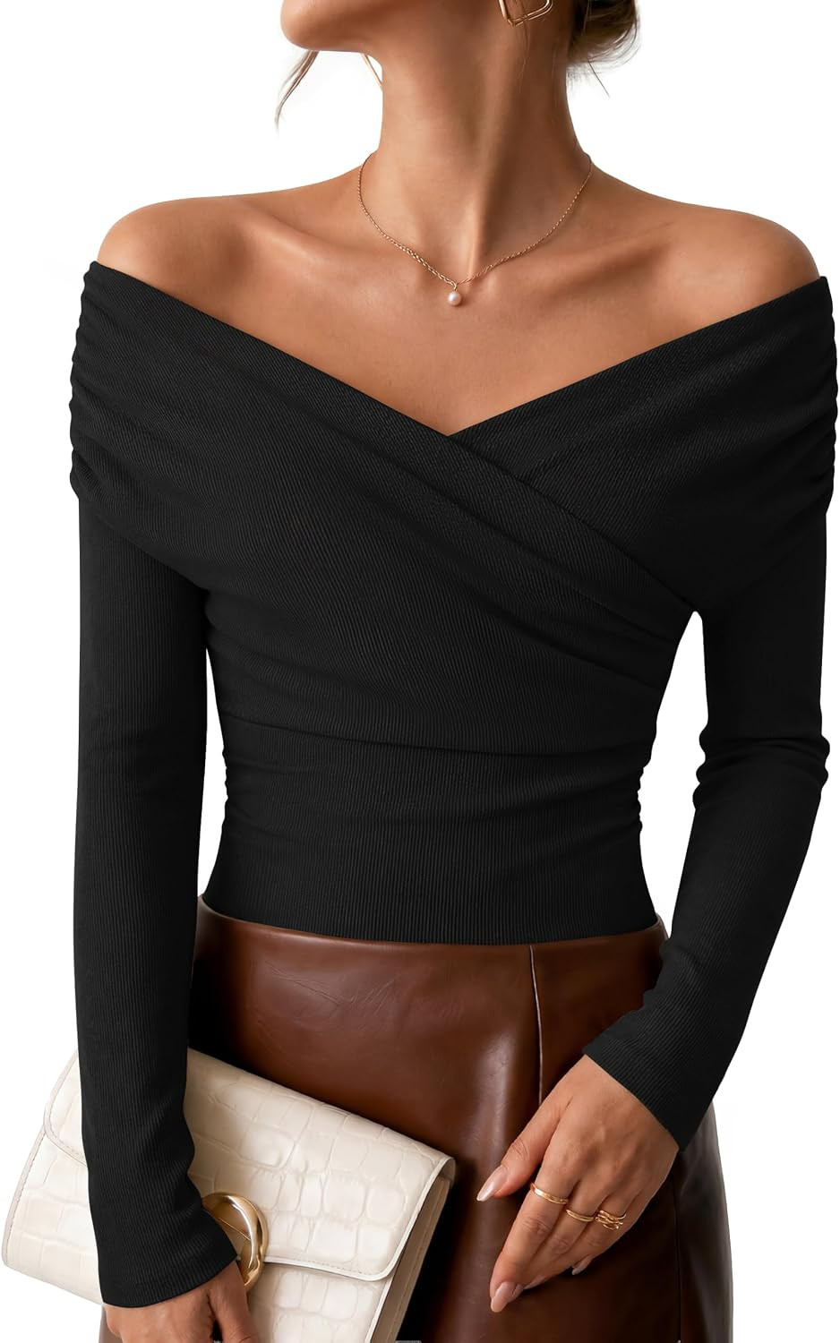 ZESICA Womens 2026 Fall Long Sleeve Wrap Off Shoulder Y2K Going Out Tops | Amazon (US)
