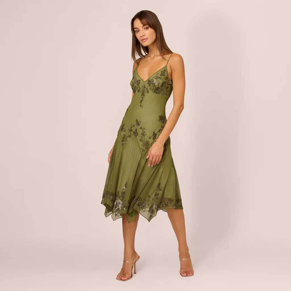 Vintage Beaded Midi Fairy Dress With Sharkbite Hem In Olive | Adrianna Papell
