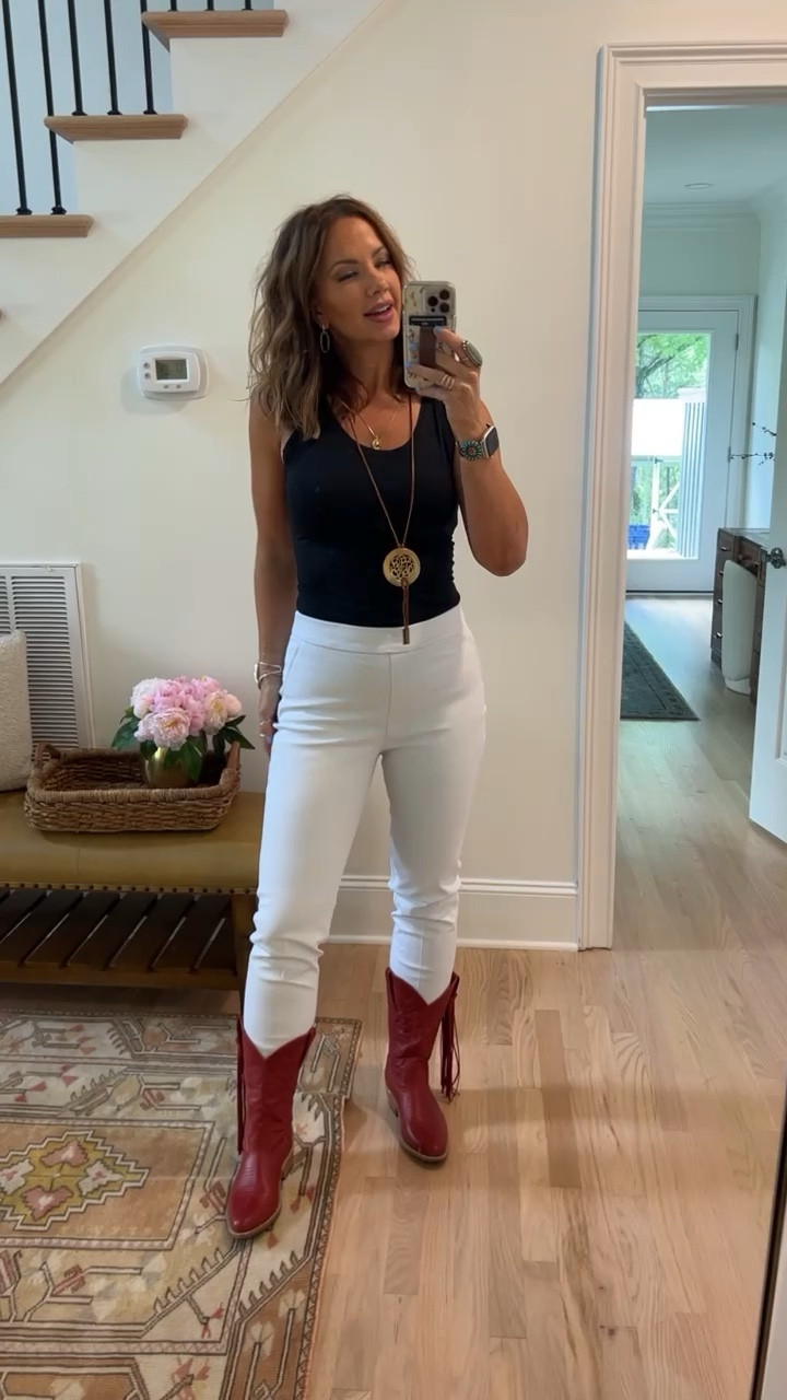 Spanx White On-The-Go Ankle Slim Straight Pants with Ultimate Opacity Technology! I’m wearing a medium, regular length. They’re perfect for tucking into boots and you can’t see through them at all! Paired with the Black Suit Yourself Scoop Neck Bodysuit, I’m in a medium. Runs TTS! Code BETSYXSPANX works!❤️ Red boots from @nenaandco (code BETSY). Long necklace from @twistedsilver (code BETSY). Watch band from @copperrobin (try code BETSY). Other jewelry from @goldielew_ linked, code BETSY works! ❤️

#LTKstyletip #LTKGiftGuide #LTKFind