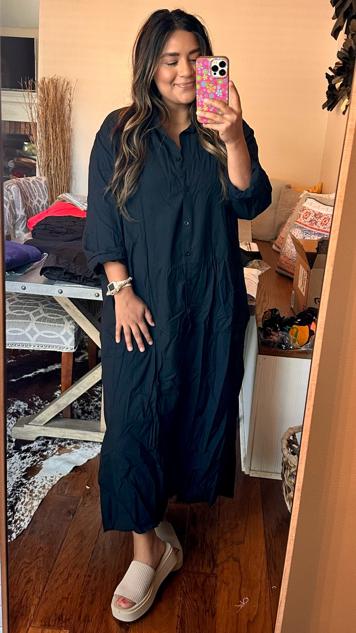 Surprised? More black! Ha. Always looking for something long and full coverage for different events I work. This has a linen feel and the sleeves are easy to roll if you’re getting your hands dirty! True to size.  No stretch. 

#LTKMidsize #LTKWorkwear #LTKFindsUnder100