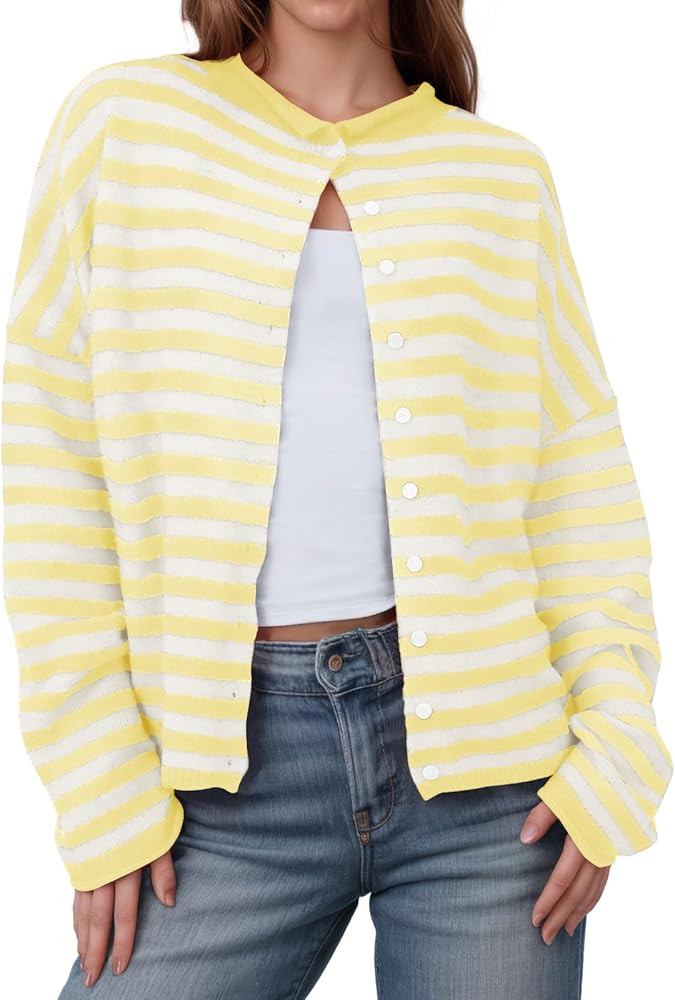 Saodimallsu Womens Striped Cardigan Casual Long Sleeve Open Front Button Down Loose Knit Lightwei... | Amazon (US)