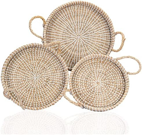 Round Seagrass Woven Serving Tray with Handles, Decorative Seagrass Tray Round, Decorative Trays ... | Amazon (US)
