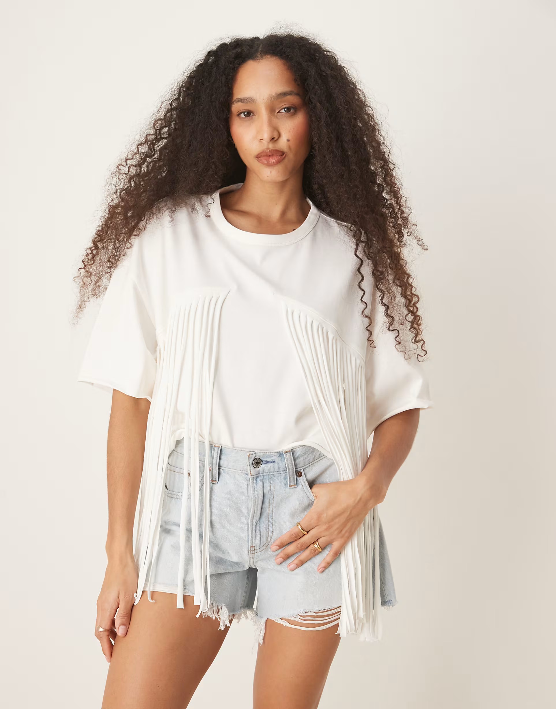 ASOS DESIGN boxy cropped t-shirt with fringe detail in cream | ASOS (Global)