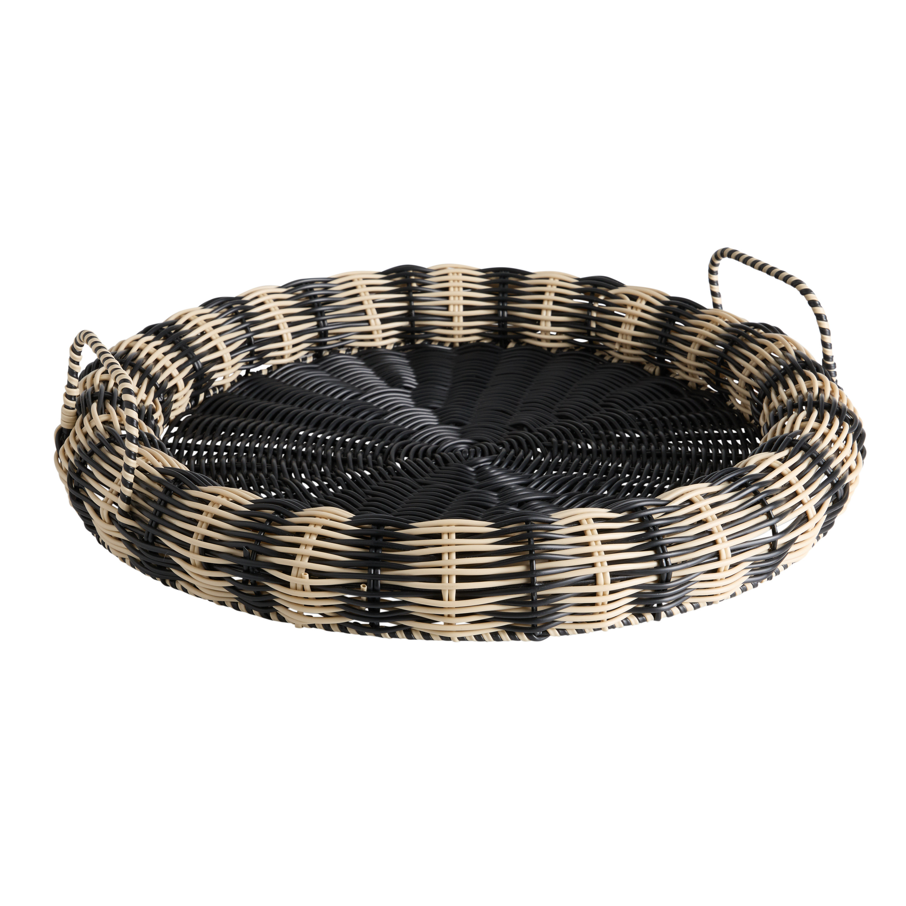Round Black and Cream Faux Rattan Outdoor Serving Tray | World Market