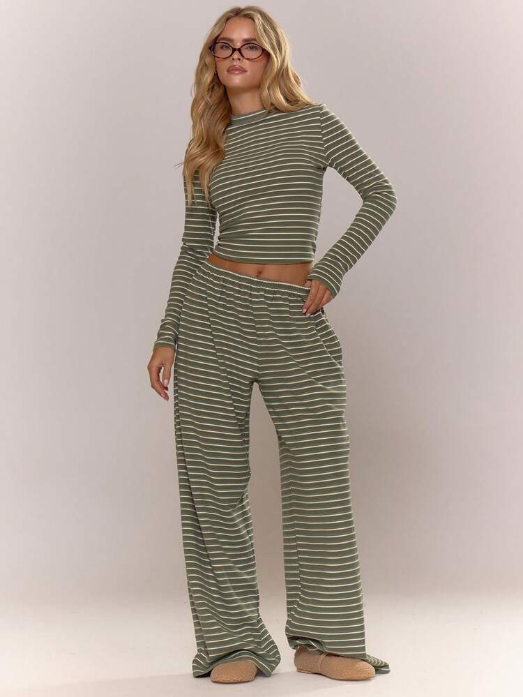 MUSERA Low Rise Striped Wide Leg Trousers Cosy Cute Casual Coffee Club | SHEIN