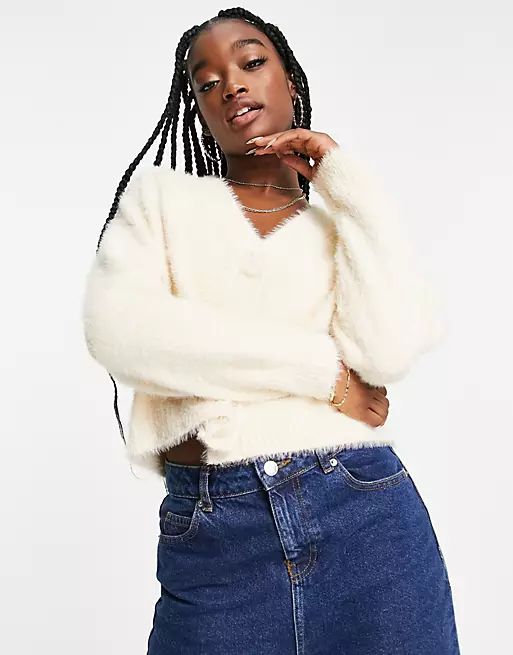 ASOS DESIGN v neck cardigan in super fluffy yarn in cream | ASOS (Global)