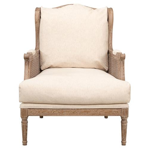 Allison French Country Cream Upholstered Brown Oak Woven Cane Wing Chair | Kathy Kuo Home