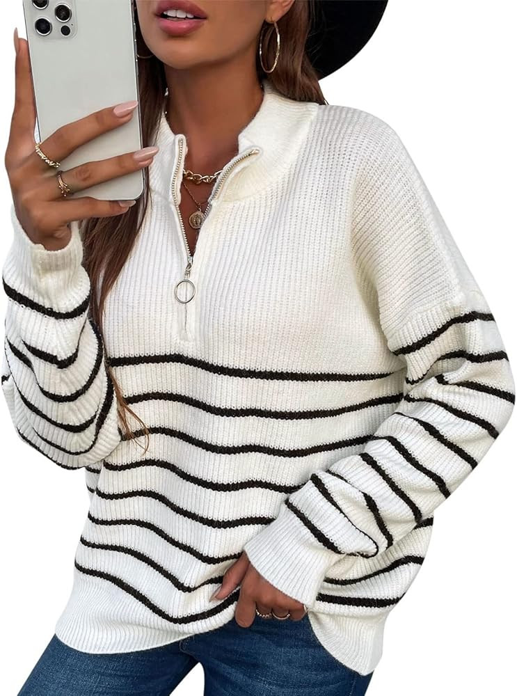 MAGIMODAC Women Striped Sweater Half Zip Oversized Pullover V Neck Casual Loose Long Sleeve Knitt... | Amazon (US)