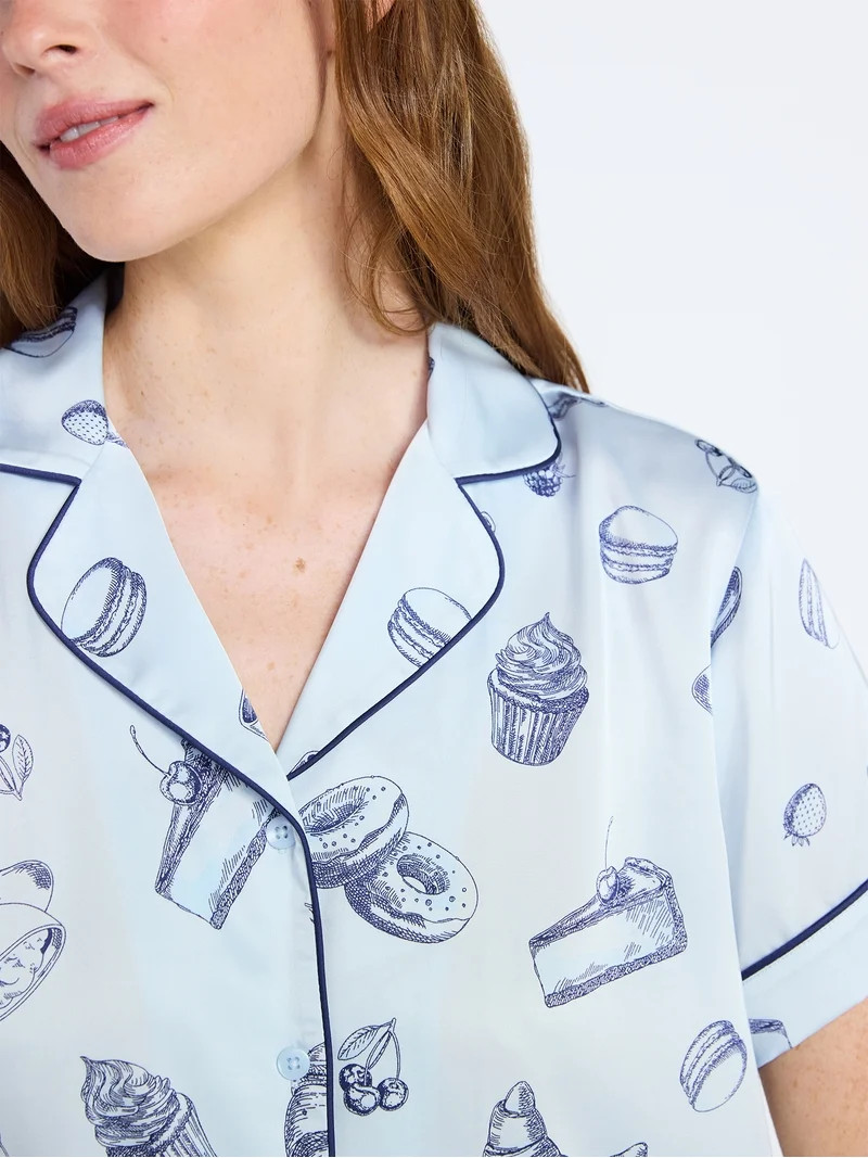 Joyspun Women’s Stretch Satin Short Sleeve Top and Shorts Pajama Set, Sizes XS-3X | Walmart (US)