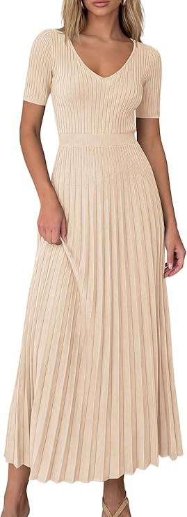 PRETTYGARDEN Women's 2026 Spring Midi Sweater Dresses Elegant Pleated Ribbed Knit Short Sleeve V ... | Amazon (US)