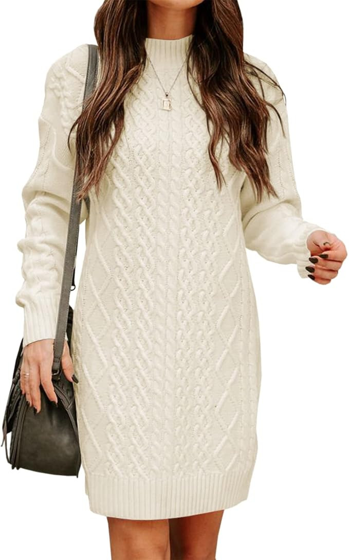 FSHAOES Womens Turtleneck Cable Knit Sweater Dress Fall Winter Long Sleeve Bodycon Mini Dresses S... | Amazon (US)