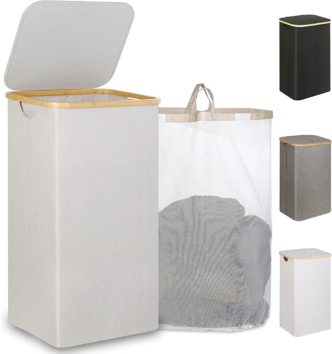 iEGrow 110L Laundry Basket with Lid, Laundry Hamper with Bamboo Handle,Clothes Basket Organizer w... | Amazon (US)