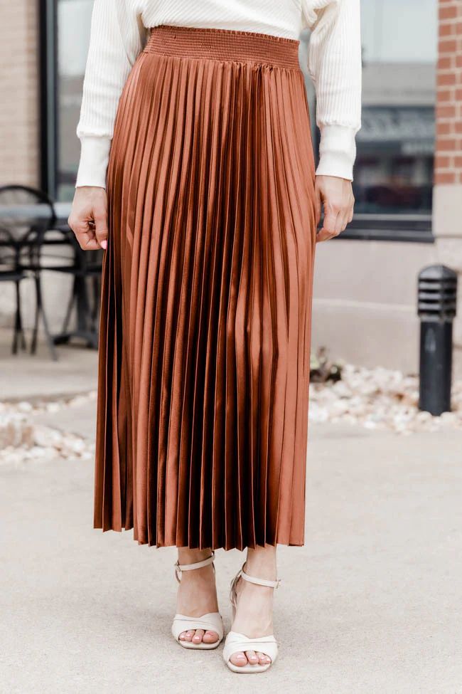 On The Scene Copper Pleated Metallic Midi Skirt | Pink Lily