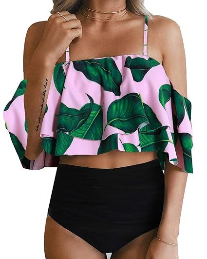 Tempt Me Women Two Piece Off Shoulder Ruffled Flounce Crop Bikini Top with Print Cut Out Bottoms | Amazon (US)