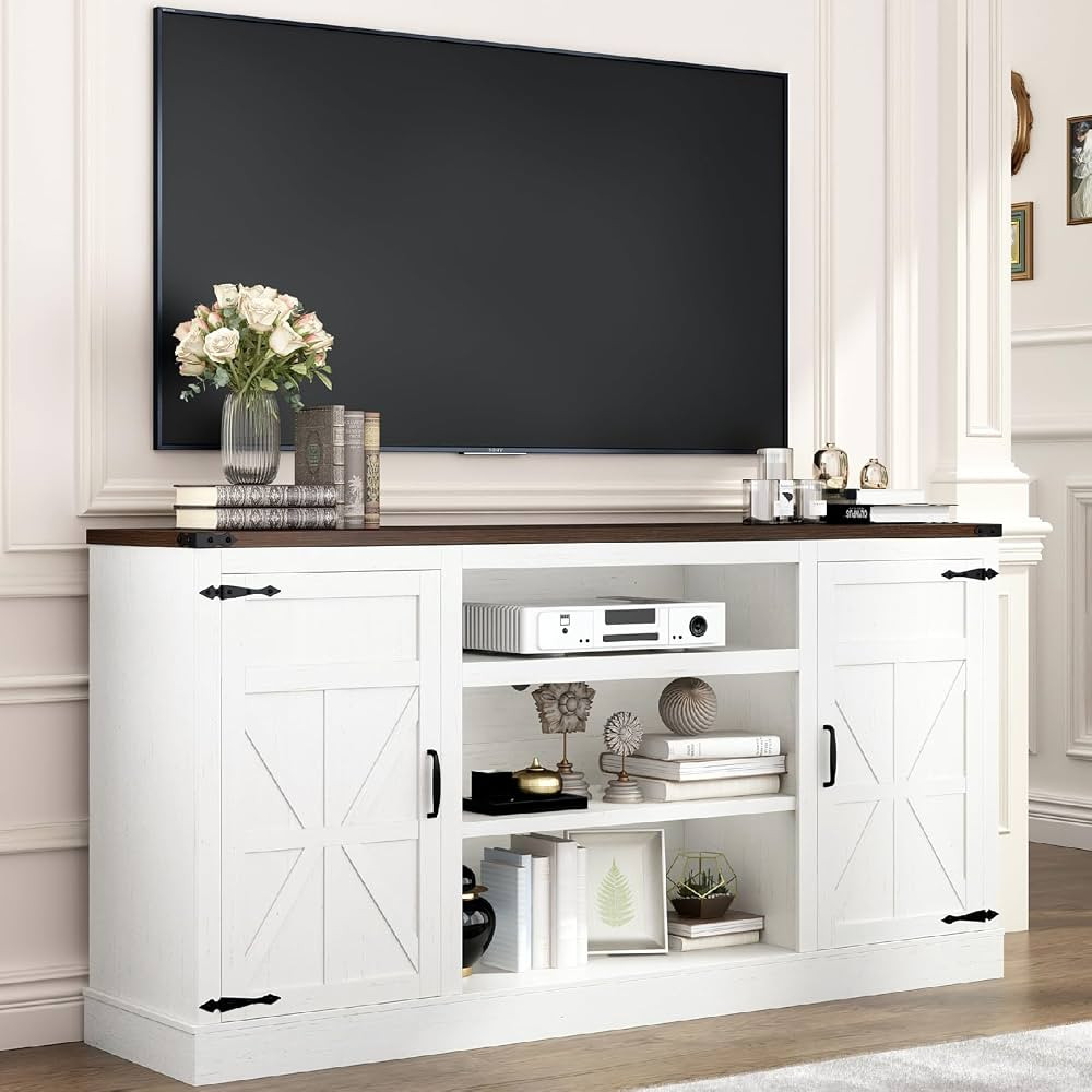 66" Farmhouse TV Stand with Power Outlets for 75 65 Inch TVs, 33" Tall Entertainment Center with ... | Amazon (US)