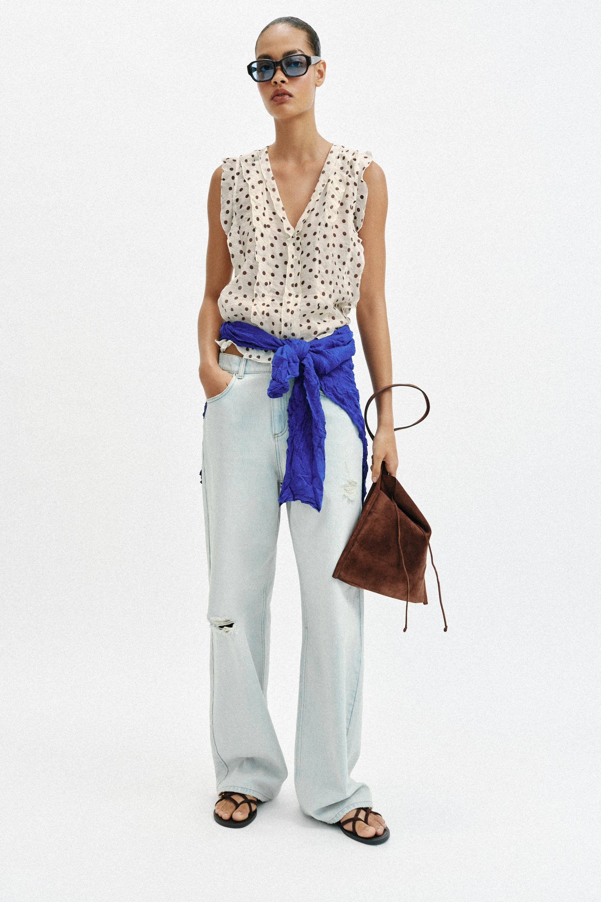 Zara - Polka Dot Print Blouse - Ecru / Brown - L - Woman | Zara US
