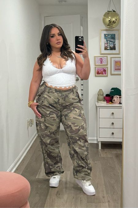 Saturday outfit on the night for margaritas with the girls ft my fave camo pants from Abercrombie and this super cute lace tank I found on Amazon and my fave Nike sage low Air Force ones

#LTKPlusSize #LTKStyleTip #LTKMidsize