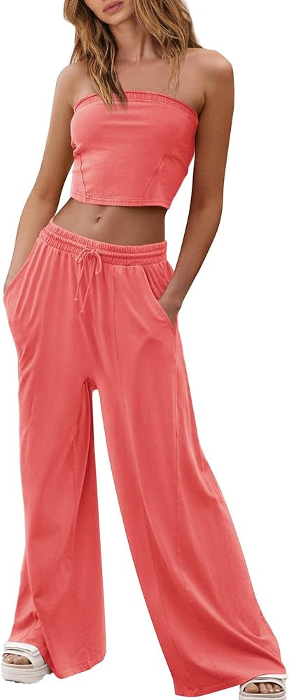 Yanekop Womens 2 Piece Lounge Set Tube Top and Pants Set Travel Sexy Two Piece Outfits Summer Bea... | Amazon (US)