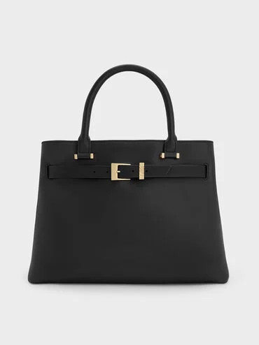 Voyager Leather Belted Trapeze Tote Bag
    
         - Black | Charles & Keith US