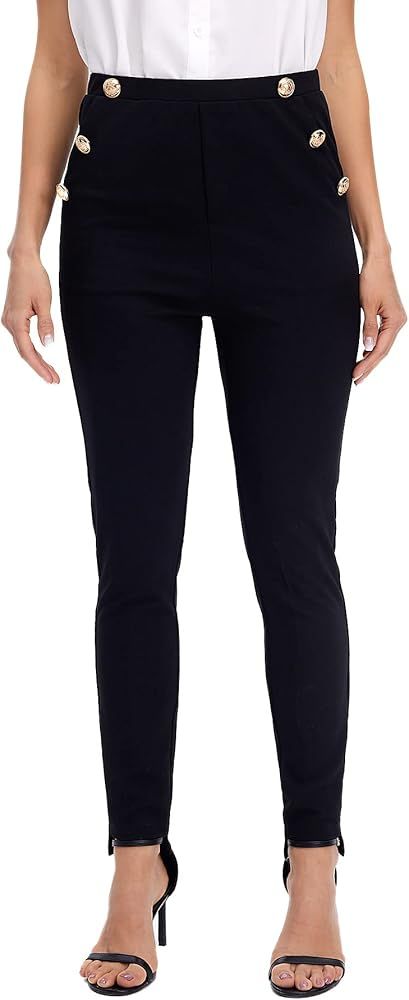 SweatyRocks Women's High Waisted Button Front Suit Pants Skinny Cropped Pants with Pocket | Amazon (US)