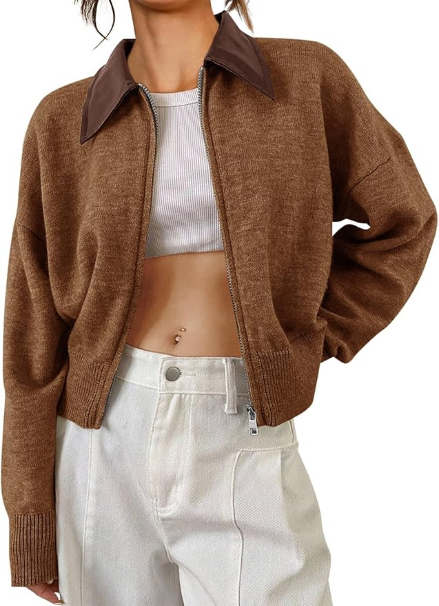 Saodimallsu Womens Zip Up Barn Jacket Cropped Faux Leather Collared Open Front Long Sleeve Fall C... | Amazon (US)