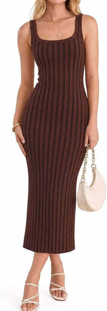 ZESICA Women's 2026 Summer Bodycon Midi Dress Casual Sleeveless Square Neck Side Slit Knit Beach ... | Amazon (US)
