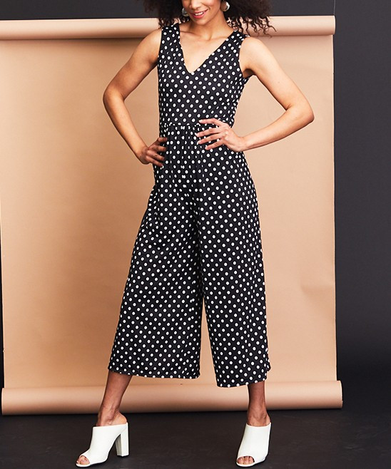 Bella Flore Women's Jumpsuits BLACK - Black & White Polka Dot Midi Palazzo Jumpsuit - Women | Zulily
