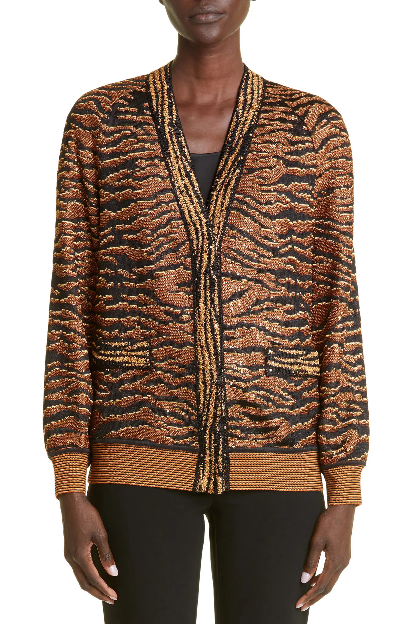Sequin Metallic Tiger Stripe Jacquard Cardigan Sweater | Nordstrom