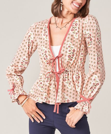 Spartina 449 Light Beige Floral Tie-Front Joni Long-Sleeve Top - Women | Zulily