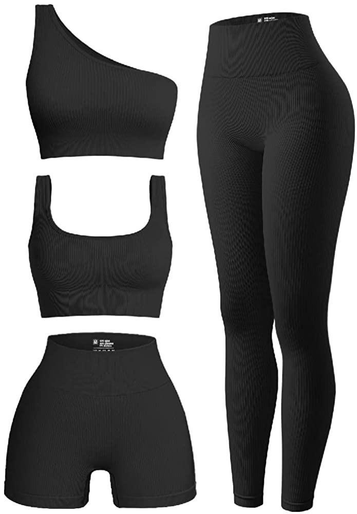 OQQ Women's 4 Piece Outfits Ribbed Exercise Scoop Neck Sports Bra One Shoulder Tops High Waist Sh... | Amazon (US)