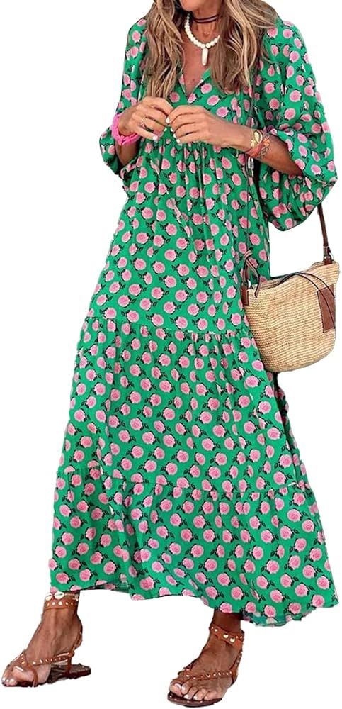 Women's Bohemian Flower Print Long Dress, V-Neck Puff Loose Swing Maxi Beach Dress Fashion Smocke... | Amazon (US)