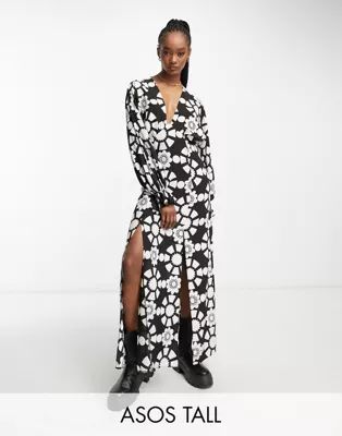ASOS DESIGN Tall plunge batwing maxi dress in mono abstract print | ASOS (Global)