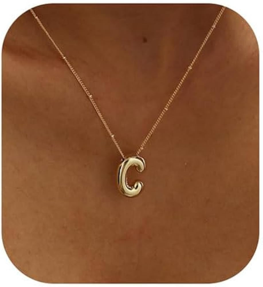 Ewrkbr\u3164 Initial Necklaces for Women, 14k Gold Plated Bubble Letter Necklace Chunky Gold Neck... | Amazon (US)