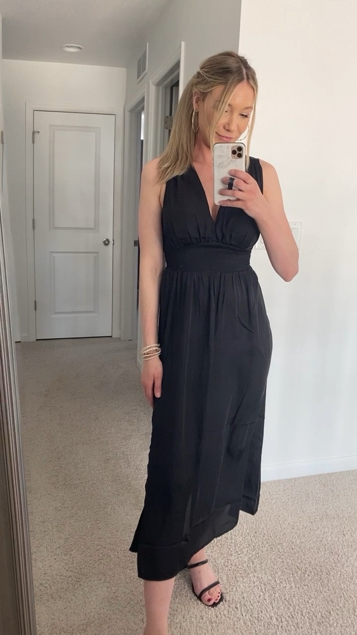 Affordable black maxi dress! Wedding guest dress, black tie, cocktail dress, black satin, black dress, summer dress. 

#LTKunder50 #LTKbeauty #LTKwedding