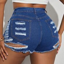 Womens Fashionable Hollow Out Denim Shorts | SHEIN
