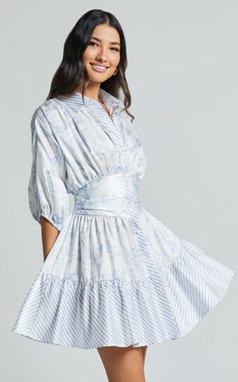 Amabella Mini Dress - 3/4 Sleeve Collared Button Up Dress in Blue | Showpo (US, UK & Europe)