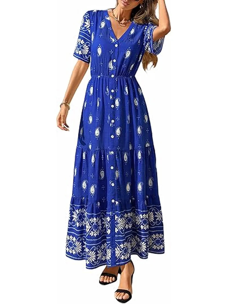 PRETTYGARDEN Womens Summer Boho Maxi Dress Trendy Short Sleeve V Neck Flowy Beach Floral Dresses ... | Walmart (US)