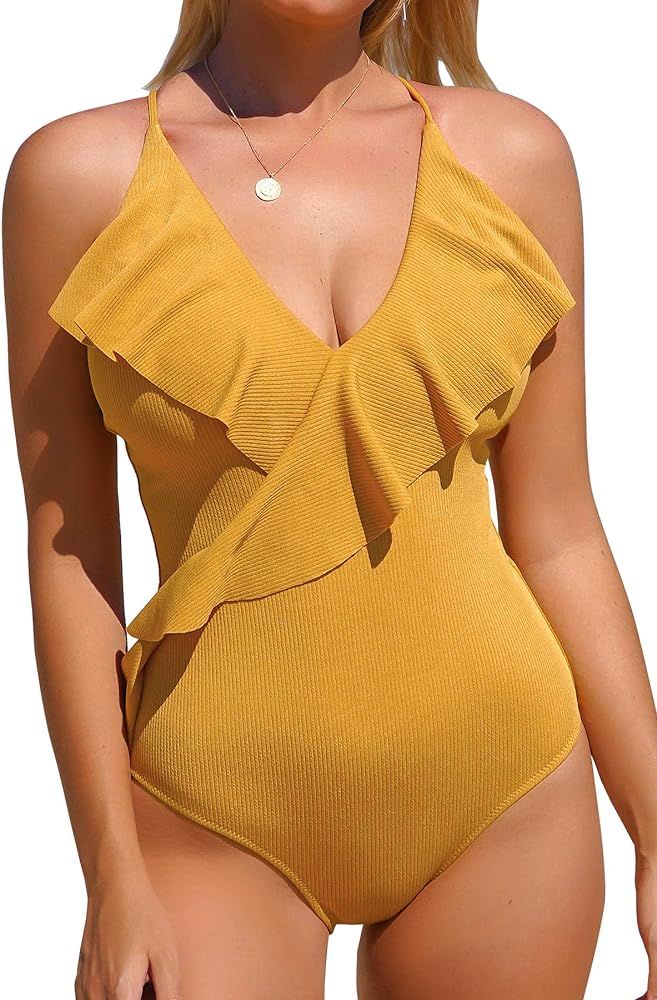 CUPSHE Women's One Piece Swimsuit Ruffle Wrap Textured Beach Swimwear Bathing Suits | Amazon (US)