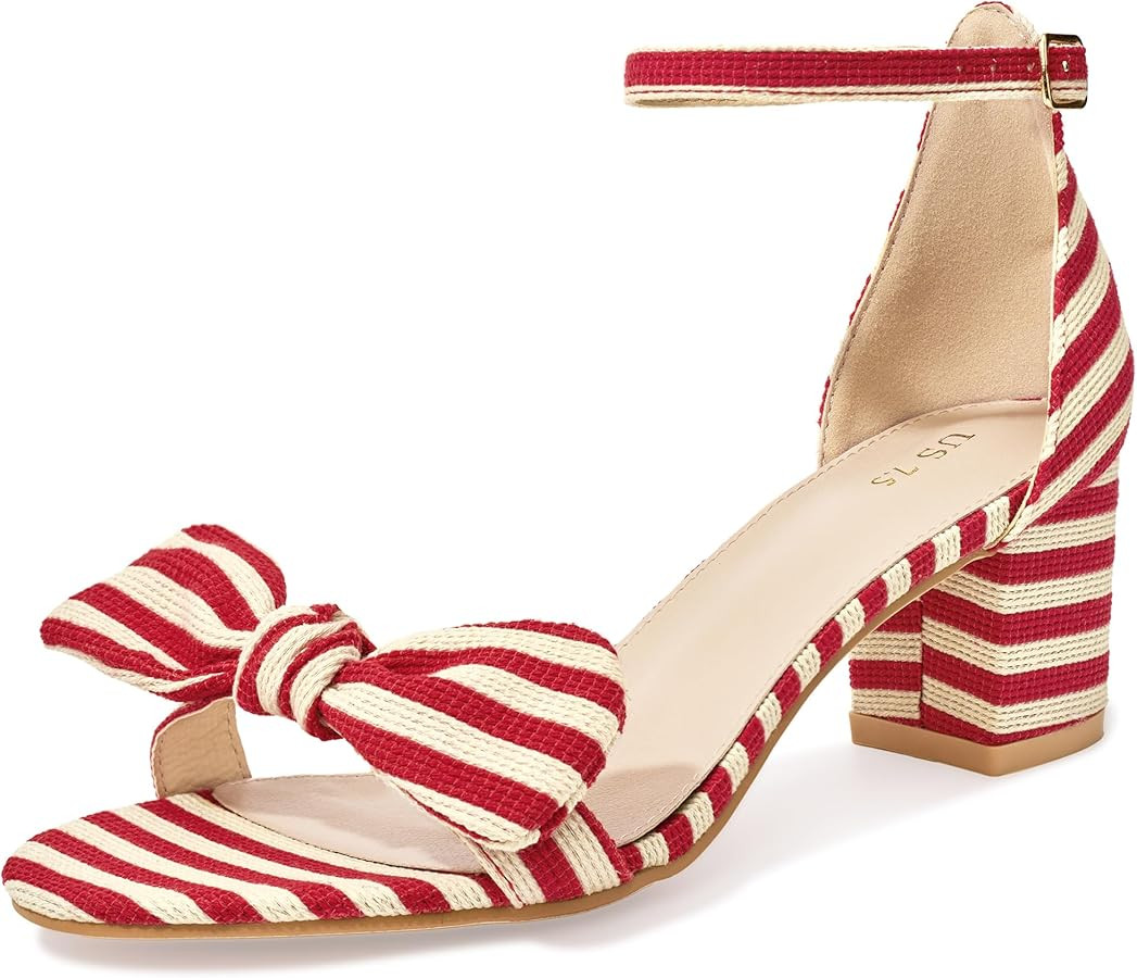 Perphy Stripe Bow Ankle Strap Chunky Heel Sandals for Women | Amazon (US)
