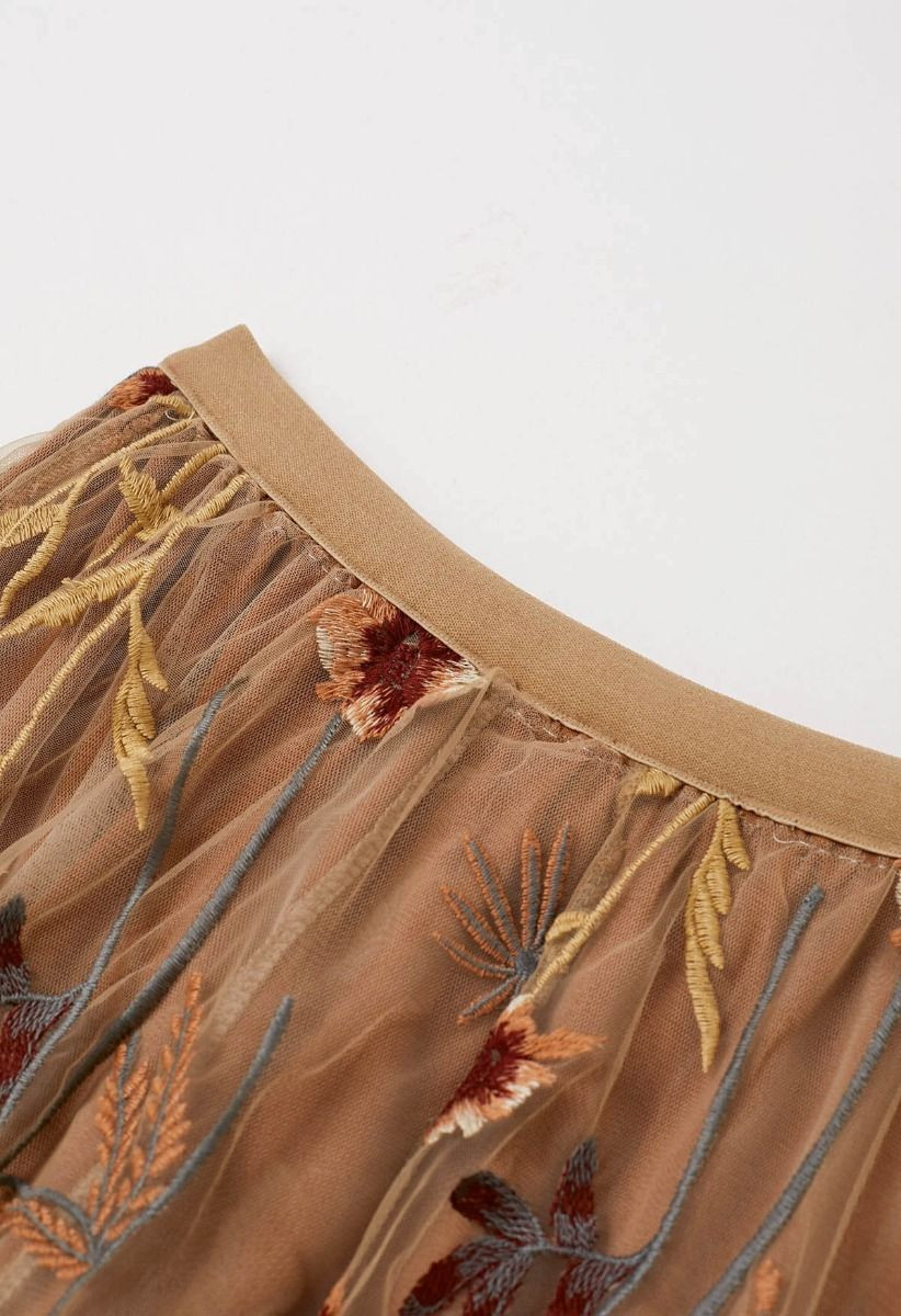 Whimsical Flowers Embroidered Mesh Tulle Midi Skirt in Camel | Chicwish