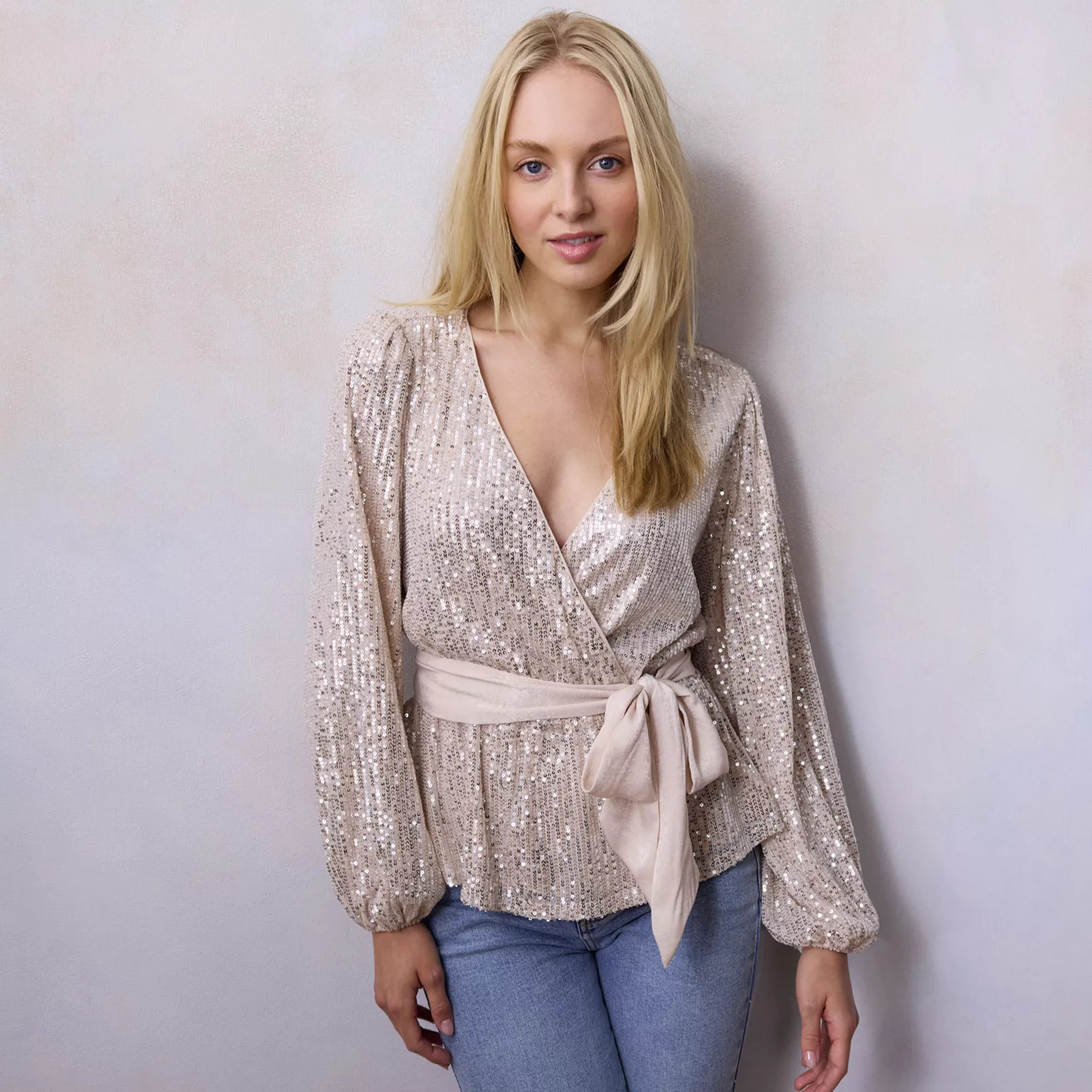 Women's LC Lauren Conrad Puff Sleeve Sequin Wrap Top | Kohl's