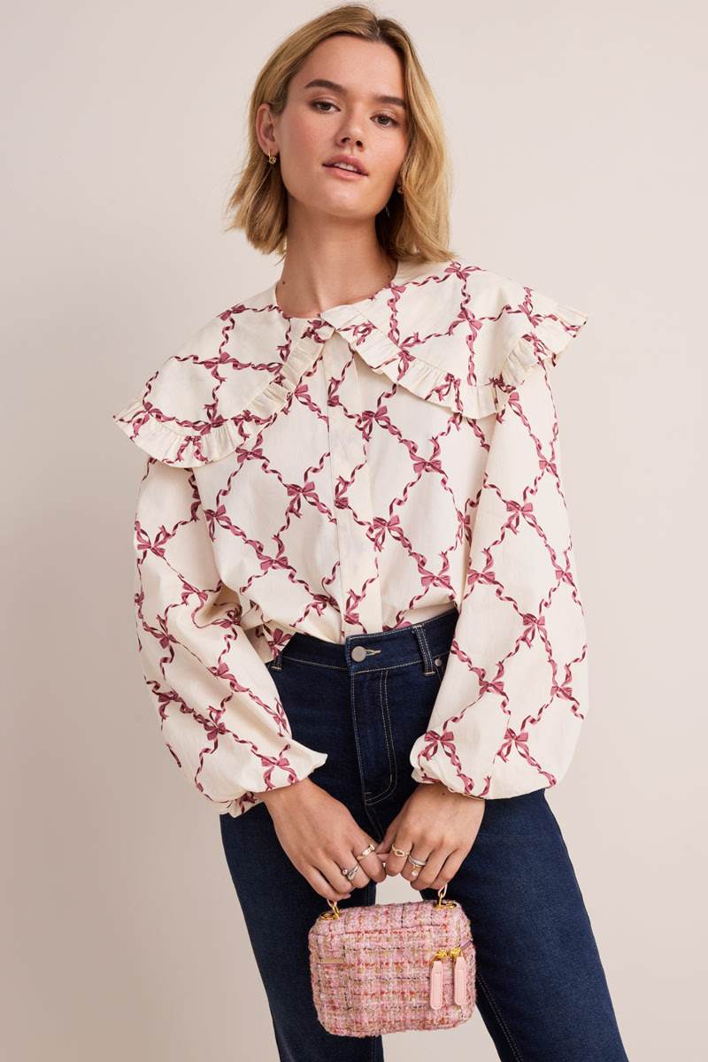 Gina Ribbon Print Bib Collar Blouse | Francesca's