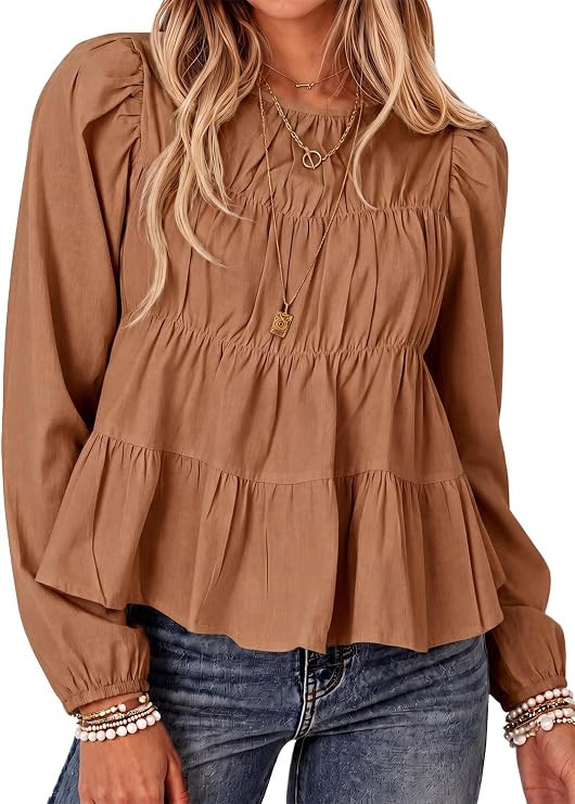 Tankaneo Womens Puff Long Sleeve Babydoll Tops Peplum Pleated Flowy Blouse | Amazon (US)