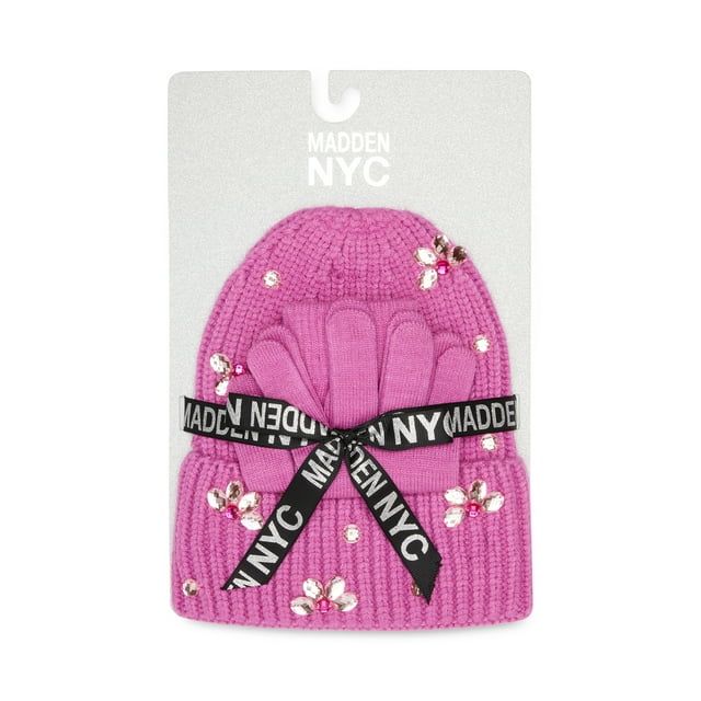 Madden NYC Women's Cuffed Beanie With Rhinestones And Magic Gloves, 2-Piece Gift Set Pink | Walmart (US)